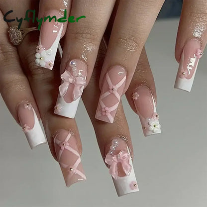 Cyflymder Fashion Simple Brown Nude French Long Square Fake Nails Detachable Full Cover Finished False Nails Press on Nails with Glue