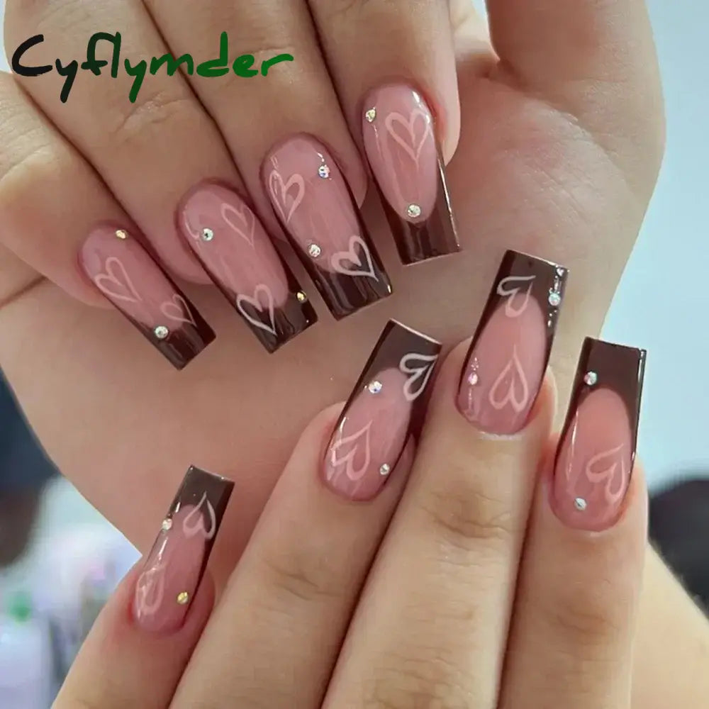 Cyflymder Fashion Simple Brown Nude French Long Square Fake Nails Detachable Full Cover Finished False Nails Press on Nails with Glue