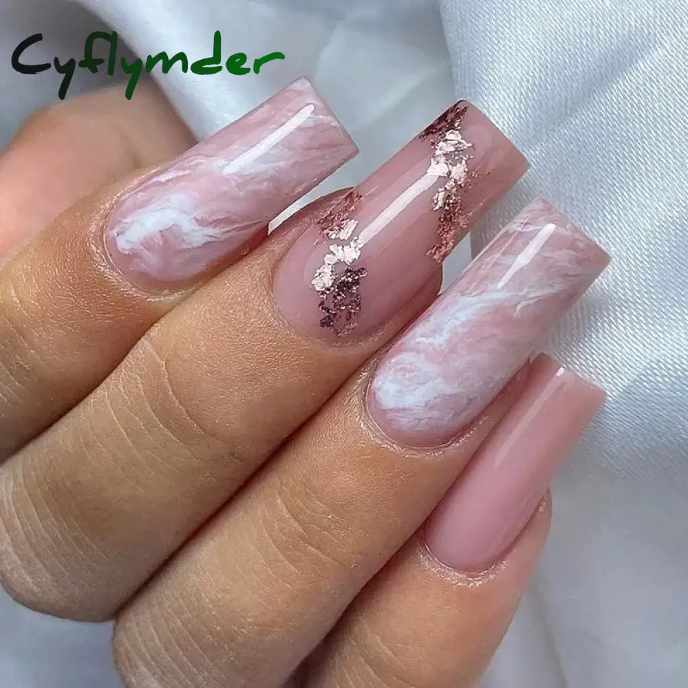 Cyflymder Fashion Simple Brown Nude French Long Square Fake Nails Detachable Full Cover Finished False Nails Press on Nails with Glue