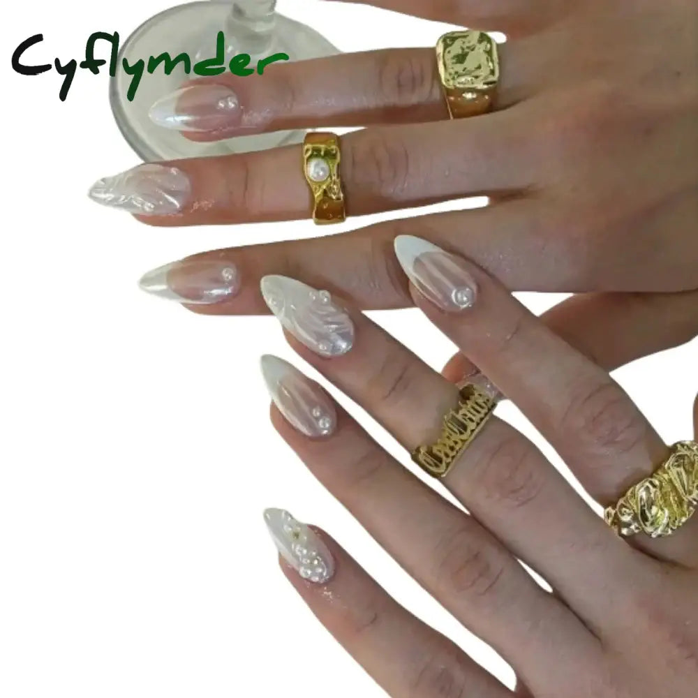 Cyflymder French Handmade Manicure Medium Almond Fake Nails Elegant & Minimalist  Nails Press On Nails Design with Adhesive Nail File Set