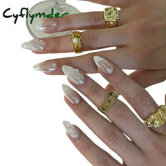 Cyflymder French Handmade Manicure Medium Almond Fake Nails Elegant & Minimalist  Nails Press On Nails Design with Adhesive Nail File Set