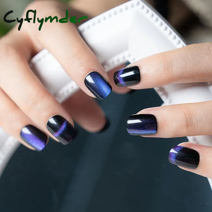 Cyflymder Glitter Cat Eye False Nail Wearable Chic Short Square Fake Nails Full Cover Detachable Finished Ballet Nails Press on Nails 24pc