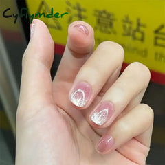Cyflymder Glitter Cat Eye False Nail Wearable Chic Short Square Fake Nails Full Cover Detachable Finished Ballet Nails Press on Nails 24pc