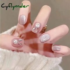Cyflymder Glitter Cat Eye False Nail Wearable Chic Short Square Fake Nails Full Cover Detachable Finished Ballet Nails Press on Nails 24pc