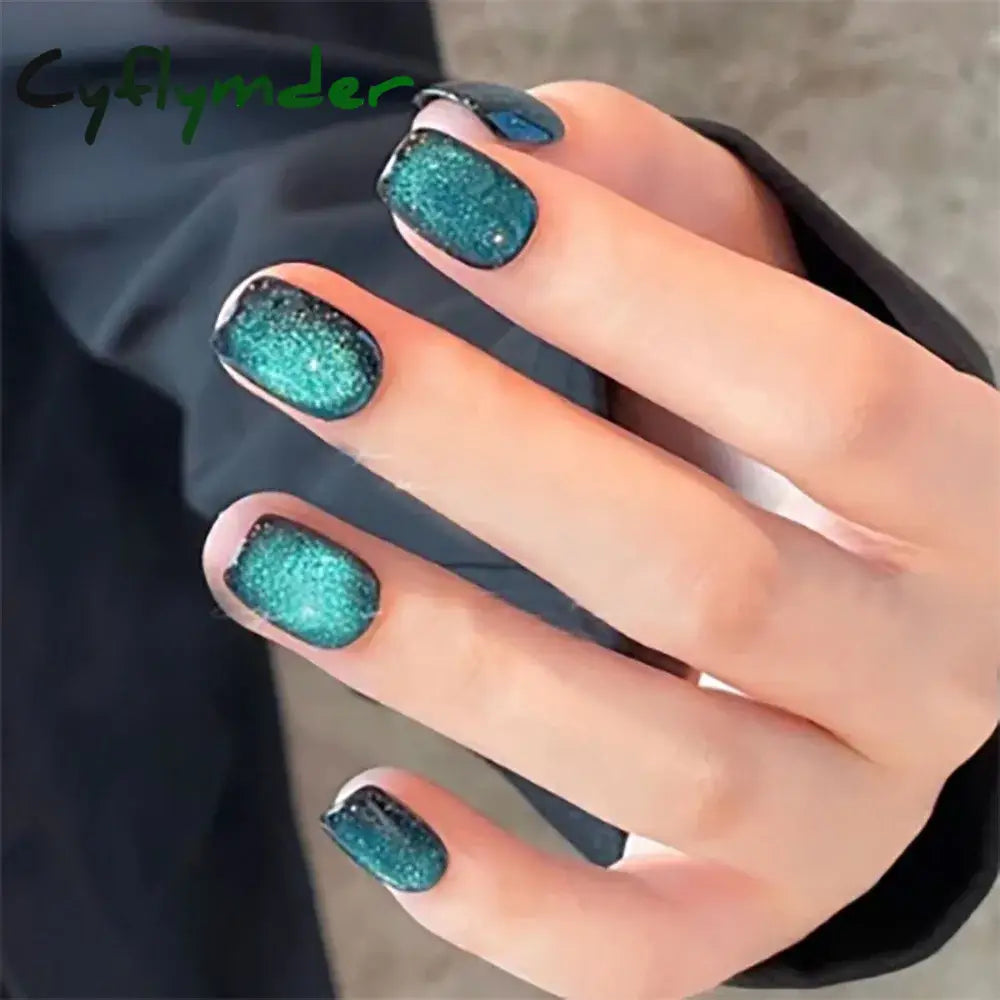 Cyflymder Glitter Cat Eye False Nail Wearable Chic Short Square Fake Nails Full Cover Detachable Finished Ballet Nails Press on Nails 24pc