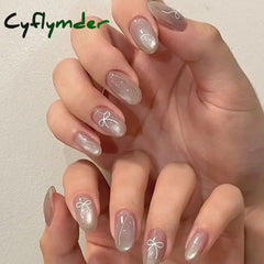 Cyflymder Grey Sparkling Cat Eye Cute Bowknot Nail Art Solid Color Fake Nails Detachable Finished False Nails Press on Nails with Glue