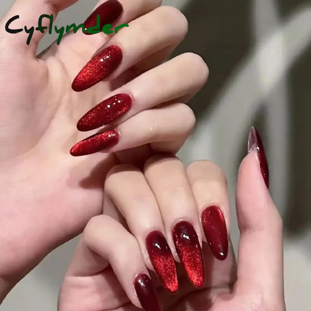 Cyflymder Grey Sparkling Cat Eye Cute Bowknot Nail Art Solid Color Fake Nails Detachable Finished False Nails Press on Nails with Glue