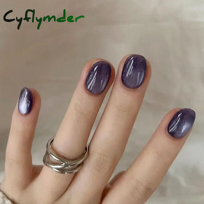Cyflymder Grey Sparkling Cat Eye Cute Bowknot Nail Art Solid Color Fake Nails Detachable Finished False Nails Press on Nails with Glue