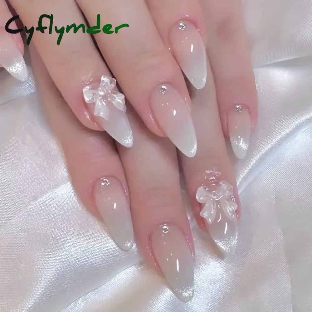 Cyflymder Grey Sparkling Cat Eye Cute Bowknot Nail Art Solid Color Fake Nails Detachable Finished False Nails Press on Nails with Glue