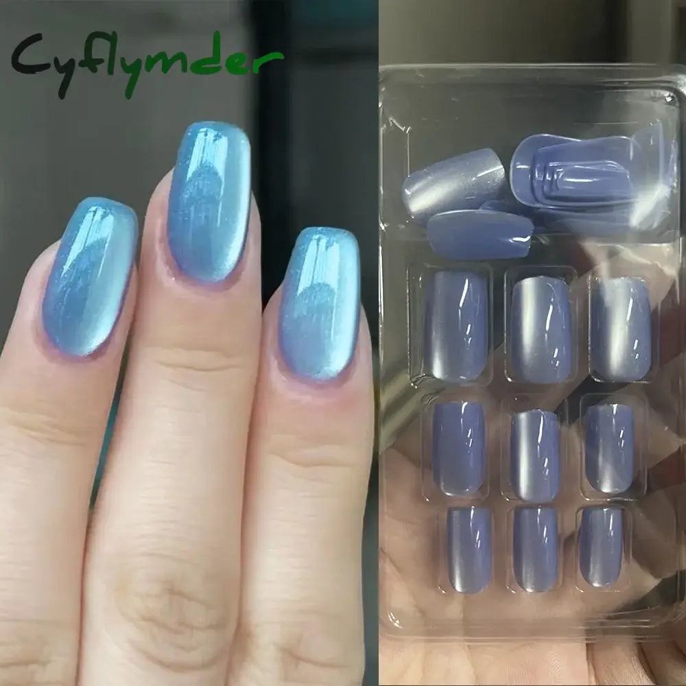 Cyflymder Grey Sparkling Cat Eye Cute Bowknot Nail Art Solid Color Fake Nails Detachable Finished False Nails Press on Nails with Glue