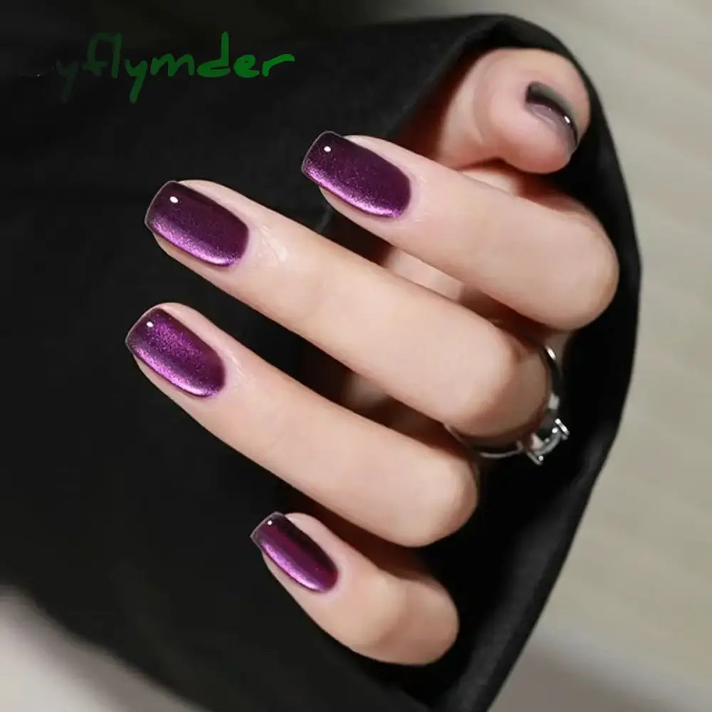 Cyflymder Grey Sparkling Cat Eye Cute Bowknot Nail Art Solid Color Fake Nails Detachable Finished False Nails Press on Nails with Glue