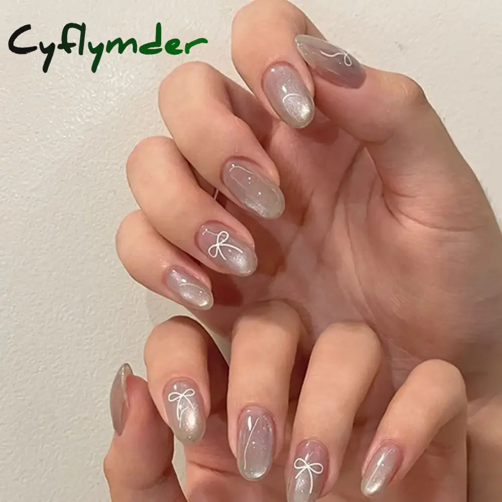 Cyflymder Grey Sparkling Cat Eye Cute Bowknot Nail Art Solid Color Fake Nails Detachable Finished False Nails Press on Nails with Glue