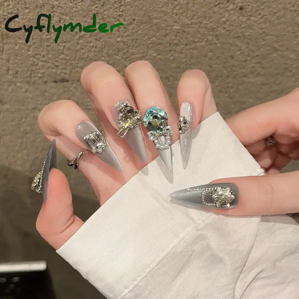 Cyflymder Handmade Press on Nails Shiny Pink Cat Eye Fake Nails for Women Girl Wearable Glitter Full Crystal Design False Nail Tips