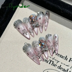 Cyflymder Handmade Press on Nails Shiny Pink Cat Eye Fake Nails for Women Girl Wearable Glitter Full Crystal Design False Nail Tips