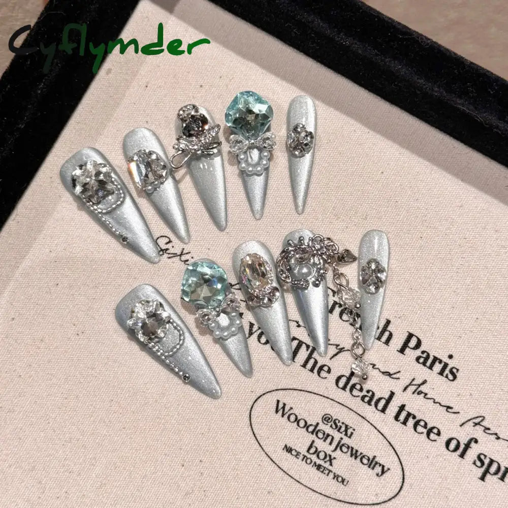 Cyflymder Handmade Press on Nails Shiny Pink Cat Eye Fake Nails for Women Girl Wearable Glitter Full Crystal Design False Nail Tips
