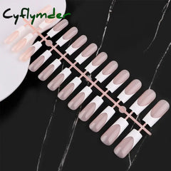 Cyflymder Pcs French Tips Press On Nails Medium Long Coffin Square Black White Matte Gloss Full Cover Finger Fake Nail Daily Use