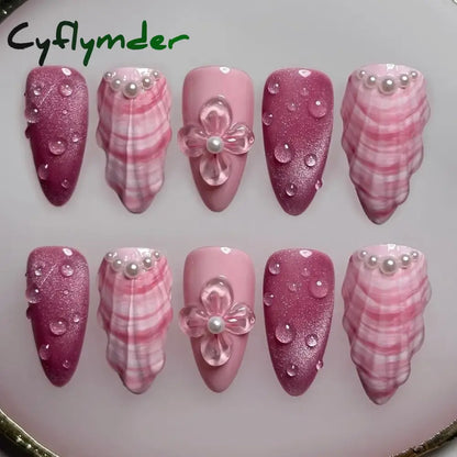 Cyflymder Pink 3D Shell Nail Art Flowers Pressons Tips Cat Eye Seashells Almond Press Ons Spring Autumn Seashell Handmade Press on Nails