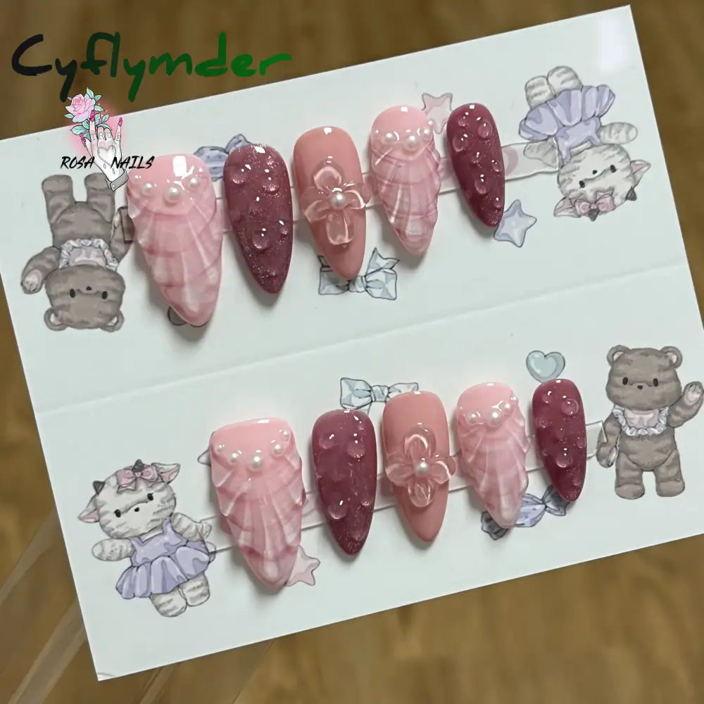 Cyflymder Pink 3D Shell Nail Art Flowers Pressons Tips Cat Eye Seashells Almond Press Ons Spring Autumn Seashell Handmade Press on Nails