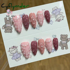 Cyflymder Pink 3D Shell Nail Art Flowers Pressons Tips Cat Eye Seashells Almond Press Ons Spring Autumn Seashell Handmade Press on Nails