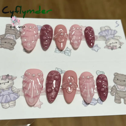 Cyflymder Pink 3D Shell Nail Art Flowers Pressons Tips Cat Eye Seashells Almond Press Ons Spring Autumn Seashell Handmade Press on Nails