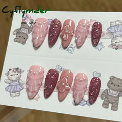 Cyflymder Pink 3D Shell Nail Art Flowers Pressons Tips Cat Eye Seashells Almond Press Ons Spring Autumn Seashell Handmade Press on Nails