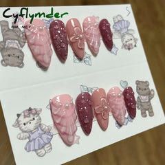 Cyflymder Pink 3D Shell Nail Art Flowers Pressons Tips Cat Eye Seashells Almond Press Ons Spring Autumn Seashell Handmade Press on Nails