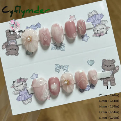 Cyflymder Pink 3D Shell Nail Art Flowers Pressons Tips Cat Eye Seashells Almond Press Ons Spring Autumn Seashell Handmade Press on Nails