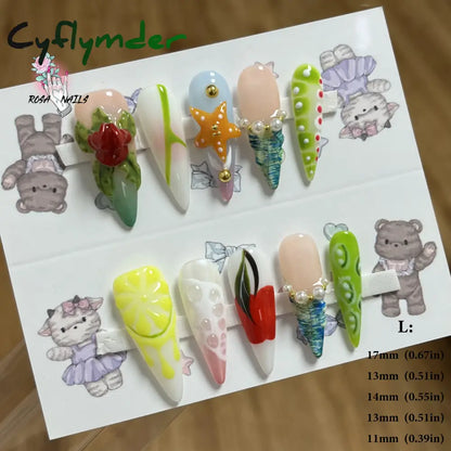 Cyflymder Pink 3D Shell Nail Art Flowers Pressons Tips Cat Eye Seashells Almond Press Ons Spring Autumn Seashell Handmade Press on Nails