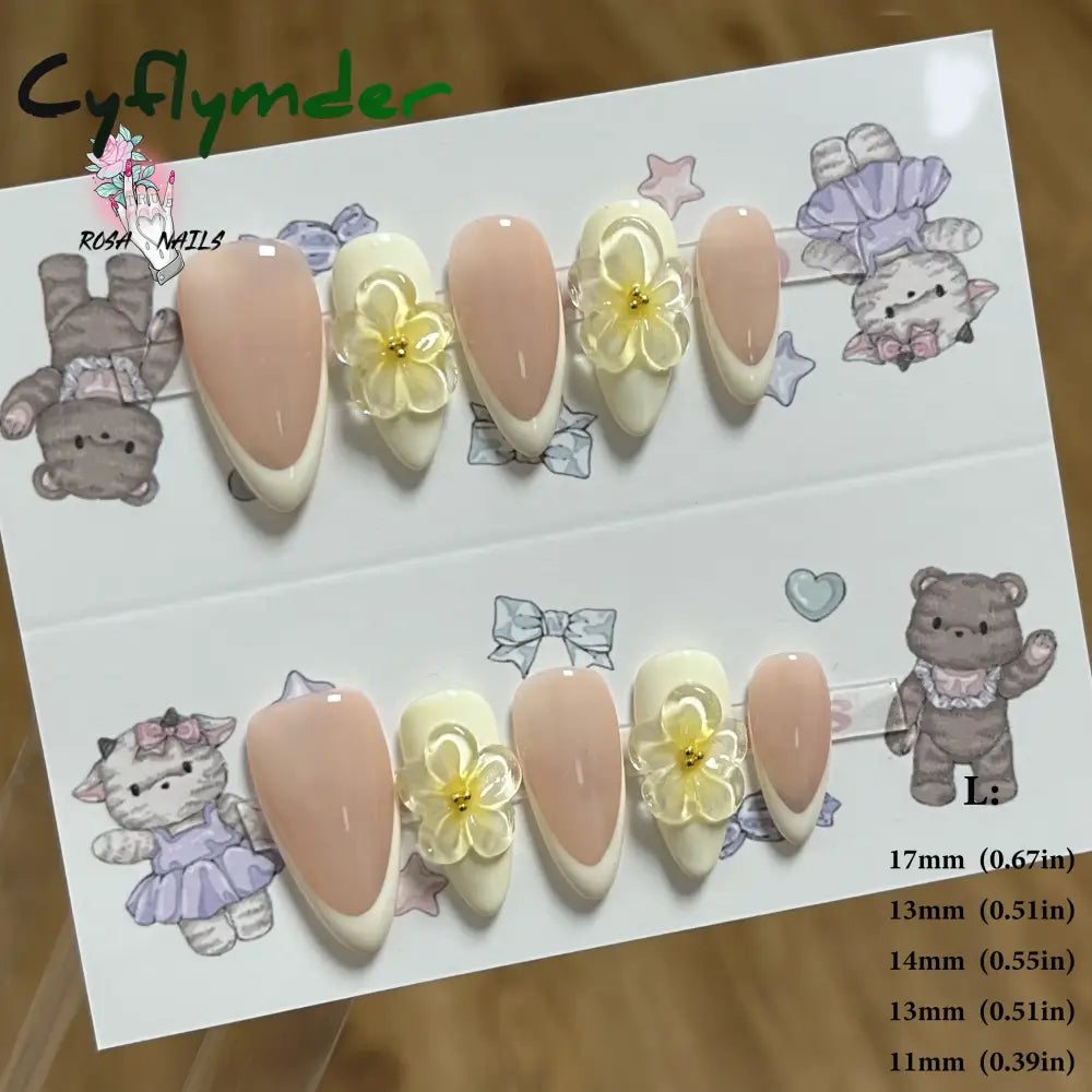 Cyflymder Pink 3D Shell Nail Art Flowers Pressons Tips Cat Eye Seashells Almond Press Ons Spring Autumn Seashell Handmade Press on Nails
