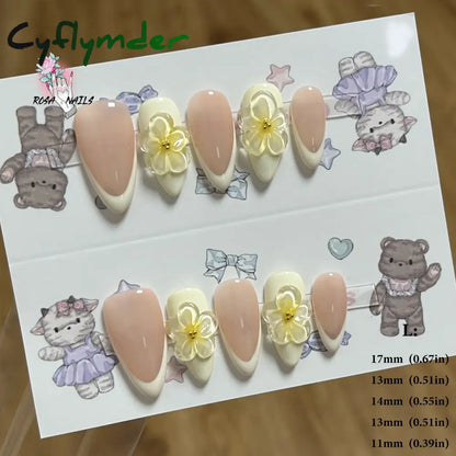 Cyflymder Pink 3D Shell Nail Art Flowers Pressons Tips Cat Eye Seashells Almond Press Ons Spring Autumn Seashell Handmade Press on Nails