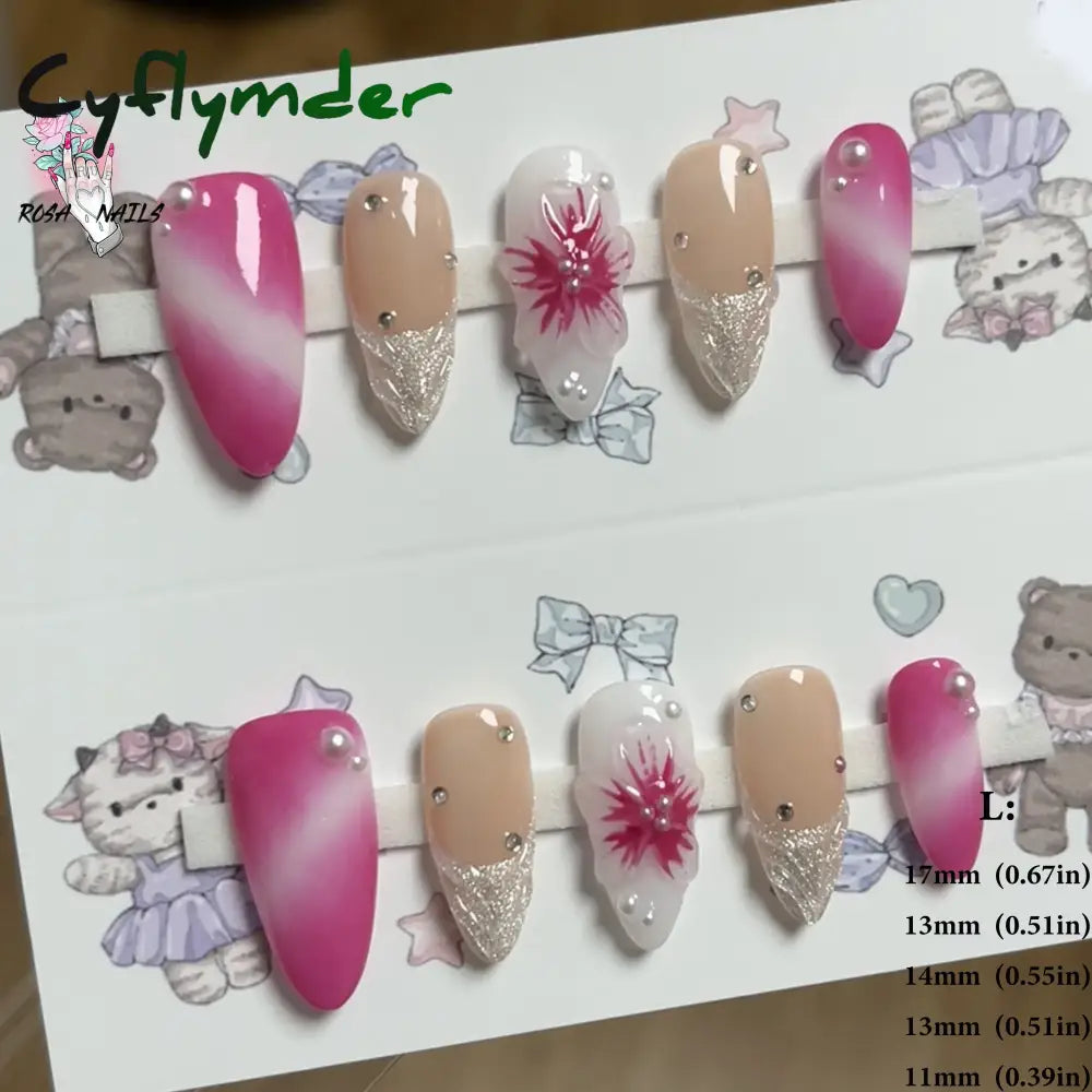 Cyflymder Pink 3D Shell Nail Art Flowers Pressons Tips Cat Eye Seashells Almond Press Ons Spring Autumn Seashell Handmade Press on Nails