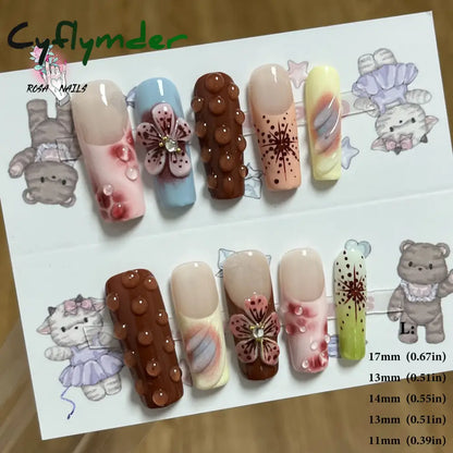 Cyflymder Pink 3D Shell Nail Art Flowers Pressons Tips Cat Eye Seashells Almond Press Ons Spring Autumn Seashell Handmade Press on Nails