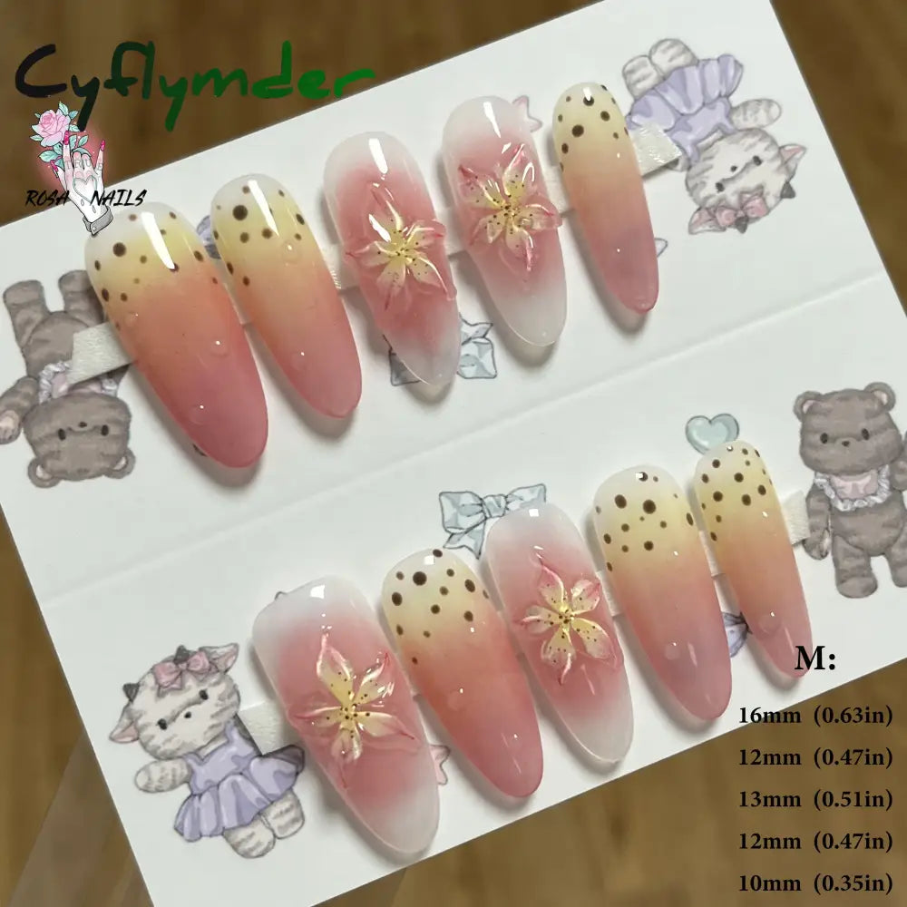 Cyflymder Pink 3D Shell Nail Art Flowers Pressons Tips Cat Eye Seashells Almond Press Ons Spring Autumn Seashell Handmade Press on Nails