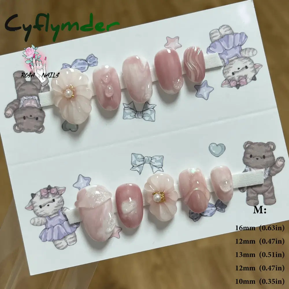 Cyflymder Pink 3D Shell Nail Art Flowers Pressons Tips Cat Eye Seashells Almond Press Ons Spring Autumn Seashell Handmade Press on Nails