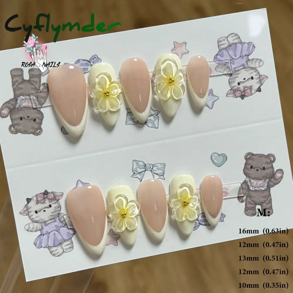 Cyflymder Pink 3D Shell Nail Art Flowers Pressons Tips Cat Eye Seashells Almond Press Ons Spring Autumn Seashell Handmade Press on Nails