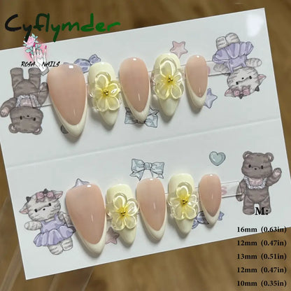Cyflymder Pink 3D Shell Nail Art Flowers Pressons Tips Cat Eye Seashells Almond Press Ons Spring Autumn Seashell Handmade Press on Nails