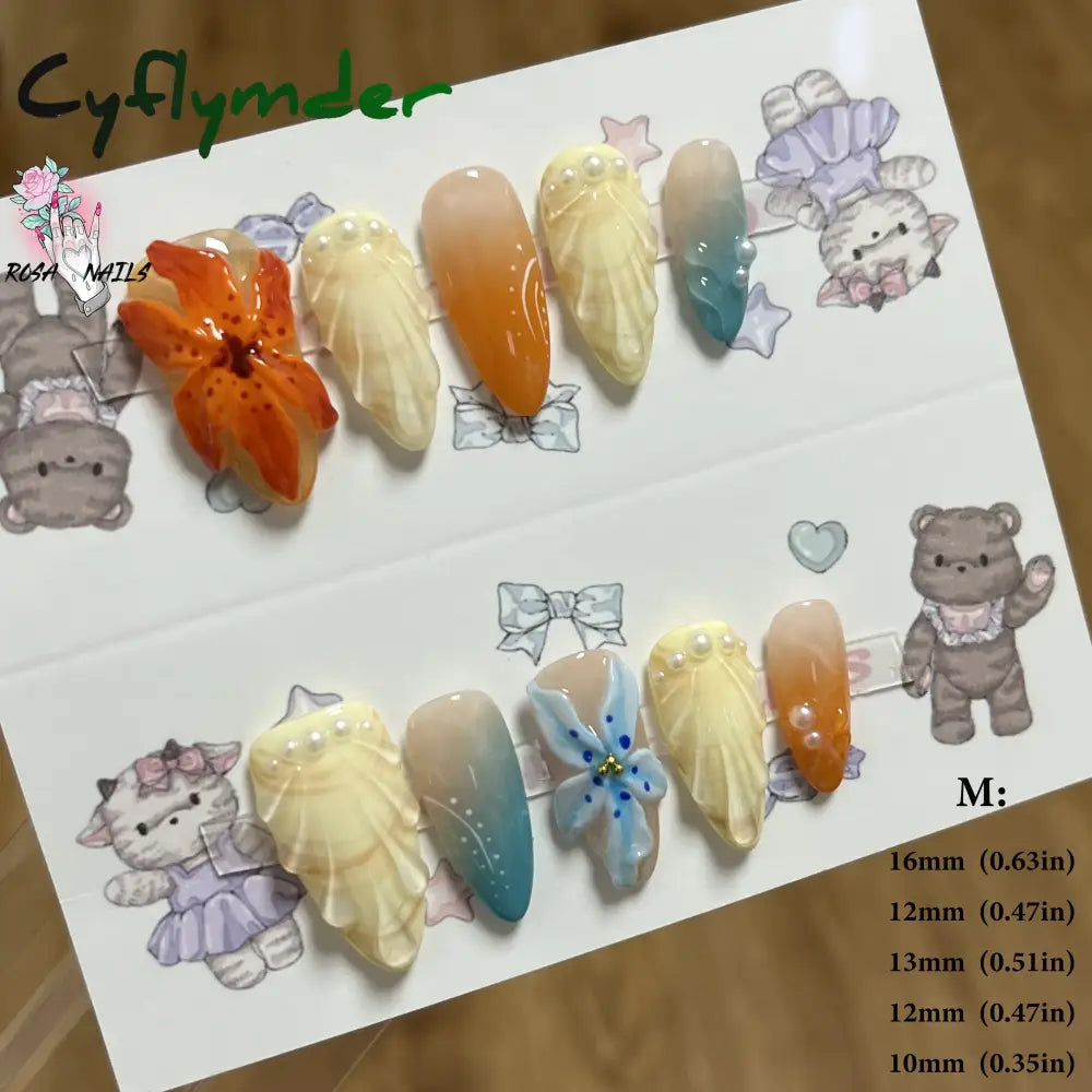 Cyflymder Pink 3D Shell Nail Art Flowers Pressons Tips Cat Eye Seashells Almond Press Ons Spring Autumn Seashell Handmade Press on Nails