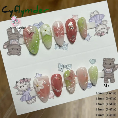 Cyflymder Pink 3D Shell Nail Art Flowers Pressons Tips Cat Eye Seashells Almond Press Ons Spring Autumn Seashell Handmade Press on Nails