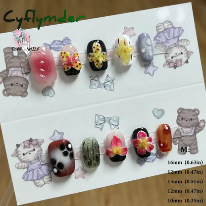 Cyflymder Pink 3D Shell Nail Art Flowers Pressons Tips Cat Eye Seashells Almond Press Ons Spring Autumn Seashell Handmade Press on Nails
