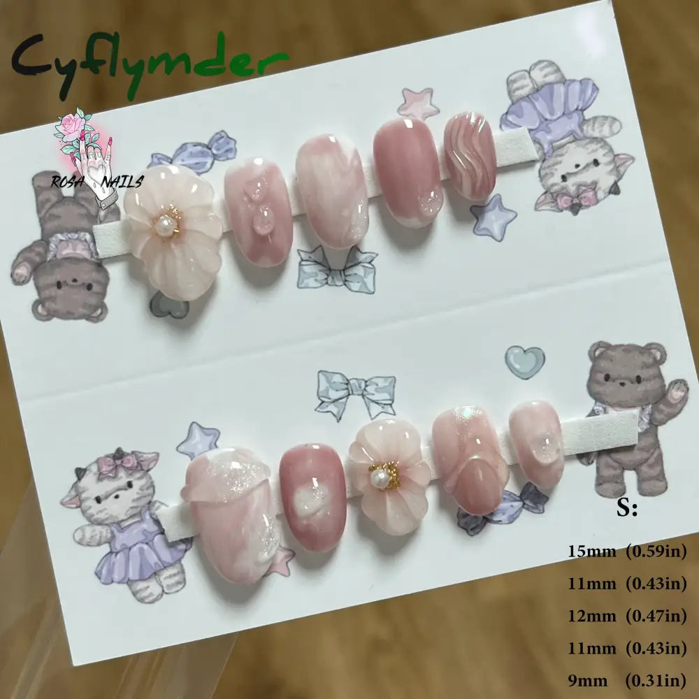 Cyflymder Pink 3D Shell Nail Art Flowers Pressons Tips Cat Eye Seashells Almond Press Ons Spring Autumn Seashell Handmade Press on Nails