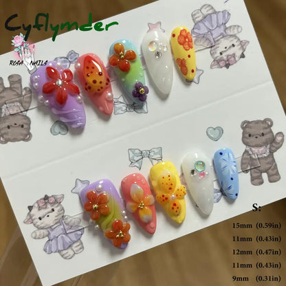 Cyflymder Pink 3D Shell Nail Art Flowers Pressons Tips Cat Eye Seashells Almond Press Ons Spring Autumn Seashell Handmade Press on Nails