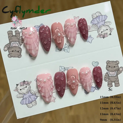 Cyflymder Pink 3D Shell Nail Art Flowers Pressons Tips Cat Eye Seashells Almond Press Ons Spring Autumn Seashell Handmade Press on Nails