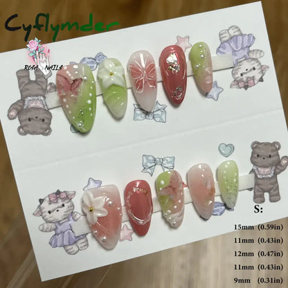 Cyflymder Pink 3D Shell Nail Art Flowers Pressons Tips Cat Eye Seashells Almond Press Ons Spring Autumn Seashell Handmade Press on Nails