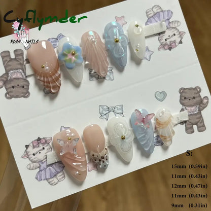 Cyflymder Pink 3D Shell Nail Art Flowers Pressons Tips Cat Eye Seashells Almond Press Ons Spring Autumn Seashell Handmade Press on Nails