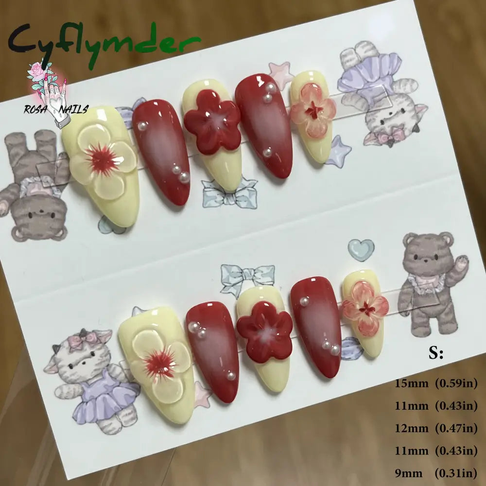 Cyflymder Pink 3D Shell Nail Art Flowers Pressons Tips Cat Eye Seashells Almond Press Ons Spring Autumn Seashell Handmade Press on Nails