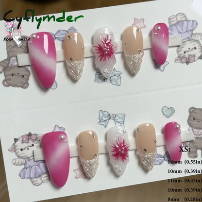 Cyflymder Pink 3D Shell Nail Art Flowers Pressons Tips Cat Eye Seashells Almond Press Ons Spring Autumn Seashell Handmade Press on Nails