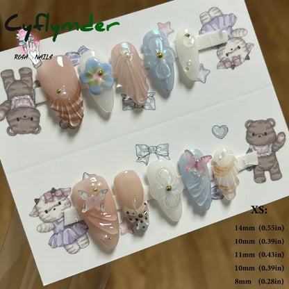 Cyflymder Pink 3D Shell Nail Art Flowers Pressons Tips Cat Eye Seashells Almond Press Ons Spring Autumn Seashell Handmade Press on Nails