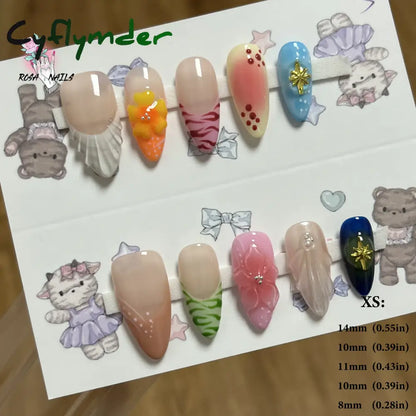 Cyflymder Pink 3D Shell Nail Art Flowers Pressons Tips Cat Eye Seashells Almond Press Ons Spring Autumn Seashell Handmade Press on Nails