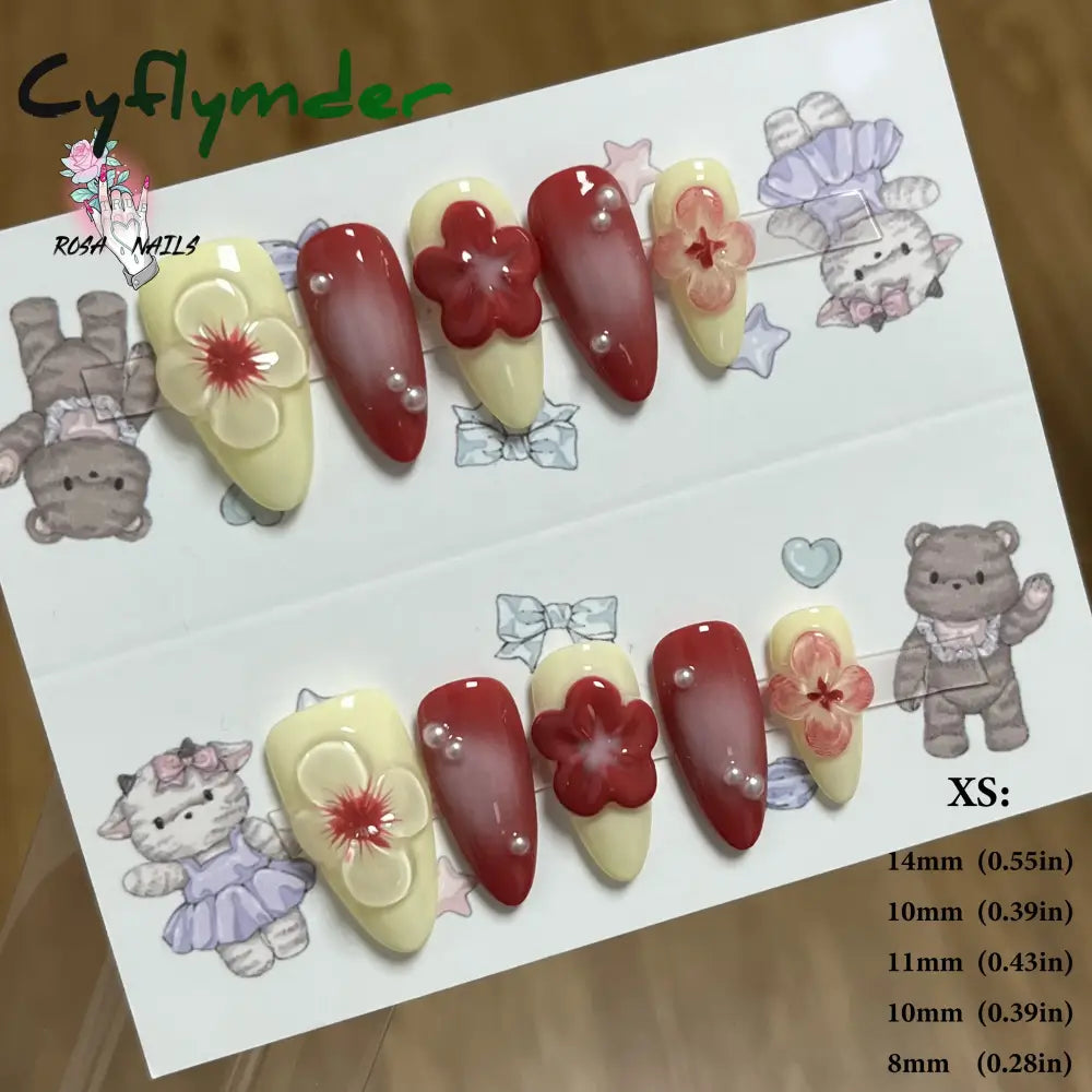 Cyflymder Pink 3D Shell Nail Art Flowers Pressons Tips Cat Eye Seashells Almond Press Ons Spring Autumn Seashell Handmade Press on Nails