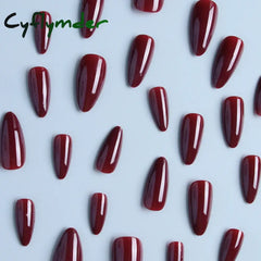 Cyflymder Wine Red  Nails Medium Almond Fake Nails Glossy Full Cover Solid Color False Nails  Women  Girls including1 jelly glue and1 nail